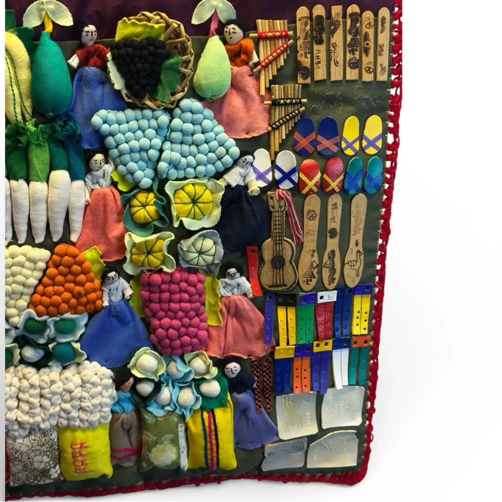 Lg. Vtg 3D Peruvian Arpillera Mercado Andean Llama FolkArt Market Tapestry 19x37